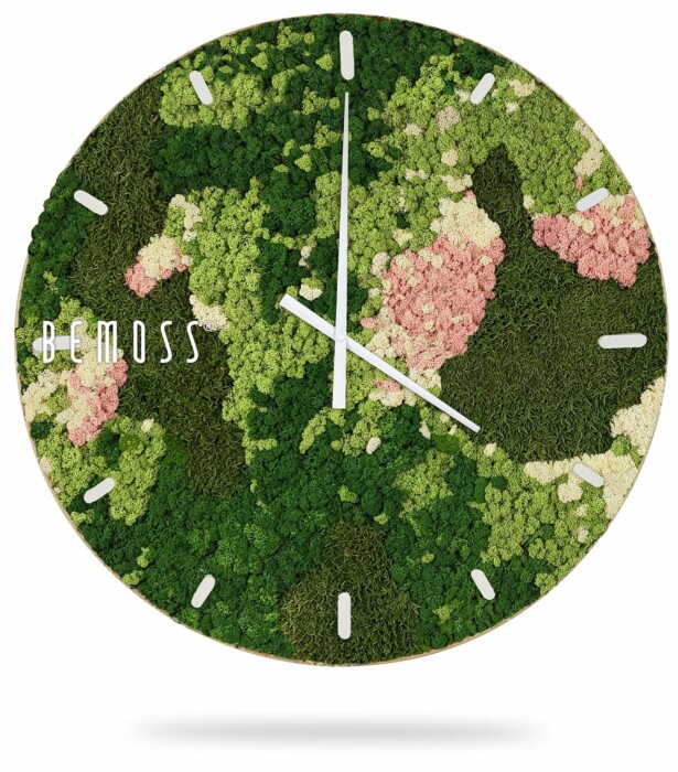 Eine Uhr mit einem grün-rosafarbenen Design auf dem Zifferblatt und Zeigern und Zahlen auf dem Zifferblatt, moosbild, mooswand, moos pflanzen, moos, moos deko, moos art